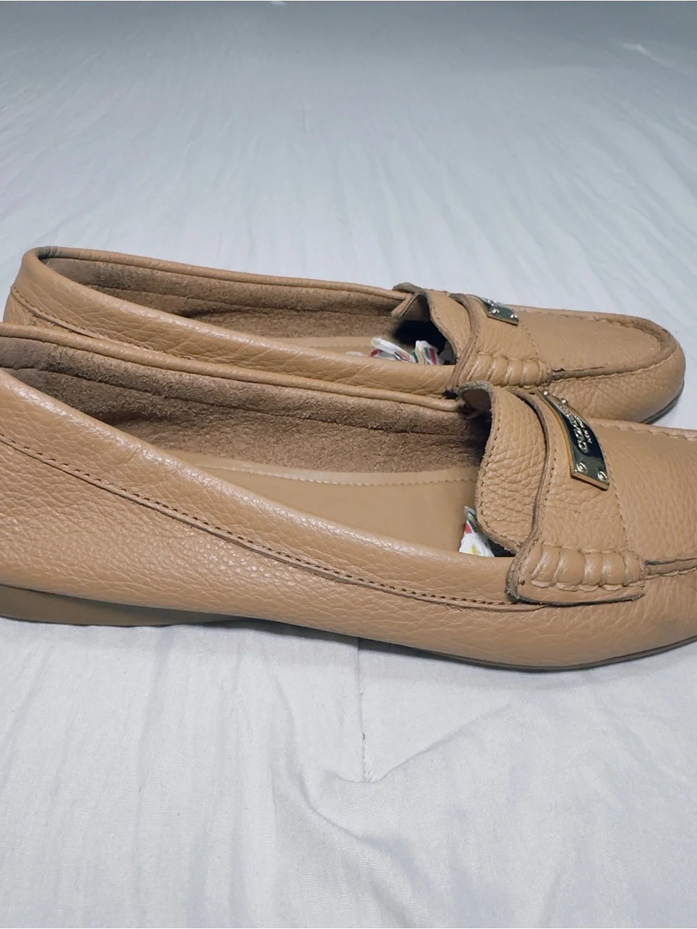 COACH Tan Pebbled Leather Penny Loafers with Gold Plaque